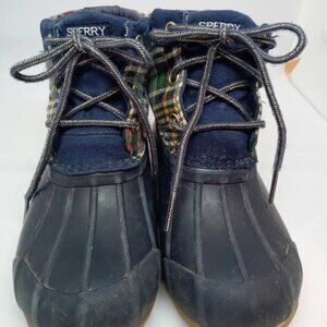 Sperry Port Boot Child Size 9M Navy & Plaid Waterproof Rubber Boots